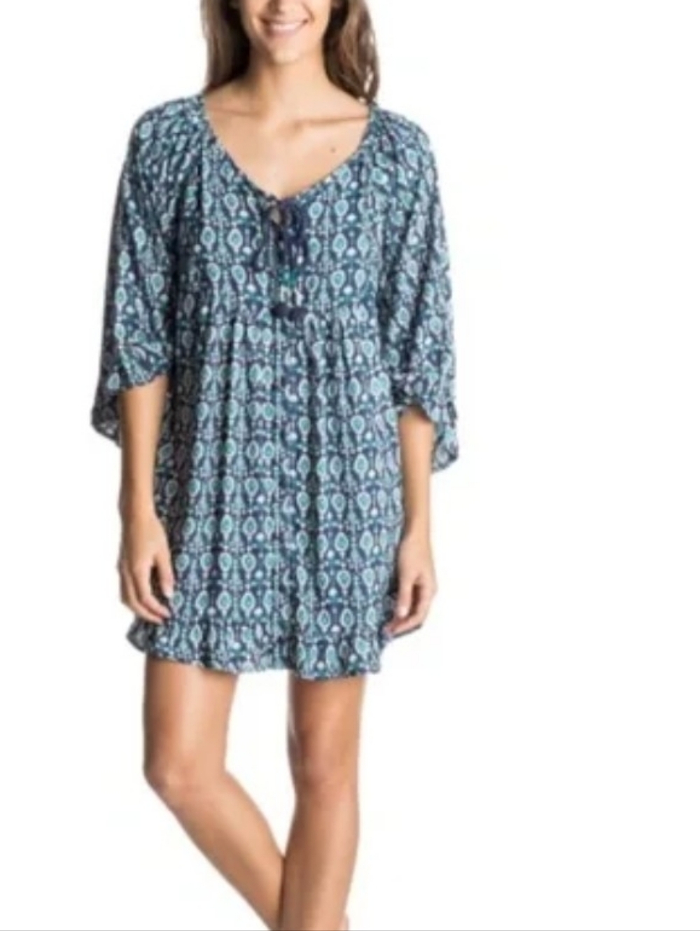 Roxy Navy Blue Floral Printed Peasant 3/4 Flutter Bell  Sleeve Mini Dress